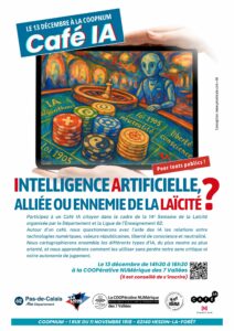 Affiche du Café IA organisé à la COOPNUM, représentant une intelligence artificielle humanisée autour d’une table de jeu symbolisant la laïcité, avec des jetons évoquant la loi de 1905, la neutralité, la liberté de conscience et les religions.